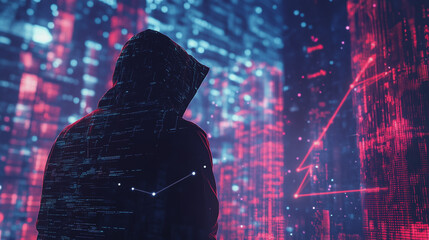  Abstract business man stands on Smart digital Innovation city with connection network reciprocity over the twilight cityscape. of future wireless digital city and social media networking systems