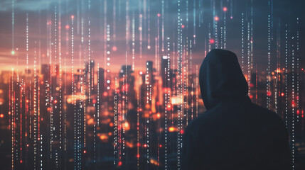  Abstract business man stands on Smart digital Innovation city with connection network reciprocity over the twilight cityscape. of future wireless digital city and social media networking systems