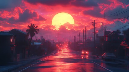 Wall Mural - Sunset street scene, tropical city, vibrant sky, wet road, evening