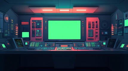 Canvas Print - Futuristic Control Panel With Green Screen And Neon Lights