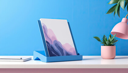 Poster - Abstract Landscape Artwork Displayed in a Modern Blue Stand on a Desk
