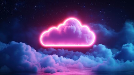 Poster - Neon cloud symbol over clouds, night sky, digital concept
