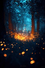 Wall Mural - Enchanting Firefly Glow Illuminates Dark Forest Path