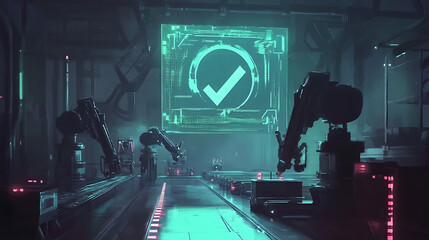 Wall Mural - Futuristic Robot Factory With Glowing Green Check Mark