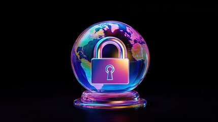 Poster - Colorful Digital Globe with Lock Symbol for Cybersecurity Concept