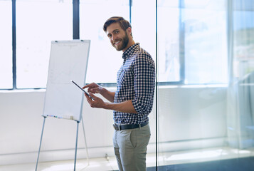Poster - Happy, businessman and portrait with tablet or whiteboard for presentation, meeting or project at office. Man, employee or speaker with technology, graph or chart for company review or development