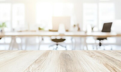 Aufkleber - A bright wooden table surface in the foreground with a softly blurred modern office setup in the background featuring natural light and ergonomic chairs. Perfect for showcasing products, branding