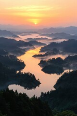 Wall Mural - Serene Sunrise Over Misty Mountain Lake