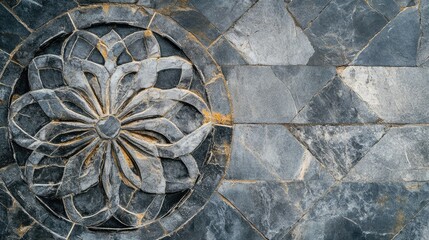 Poster - Decorative Stone Wall Panel with Intricate Floral Design