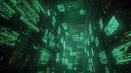 Poster - Digital Matrix Environment with Green Light and Abstract Patterns
