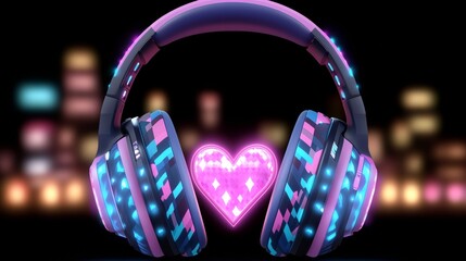 Poster - Illuminated Headphones, Neon Cityscape, Love, Music