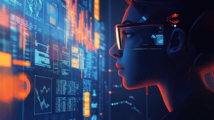 Poster - Cyberpunk Woman Analyzing Data Streams on Futuristic Interface
