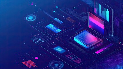Fototapete - Futuristic Abstract Technology Background with Neon Elements and Grids