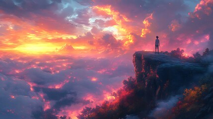 Wall Mural - Man contemplates sunset over misty mountaintop
