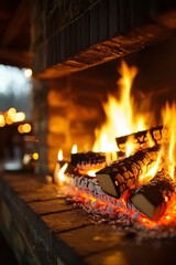 Wall Mural - Burning Logs in a Brick Fireplace at Night