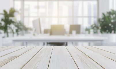 Aufkleber - A clean white wooden table in the foreground with a softly blurred modern office setting in the background, featuring bright natural lighting and greenery. Ideal for product display, workspace themes