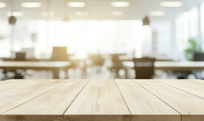 Aufkleber - Natural wooden table in a warm, softly lit office environment with blurred desks and chairs, ideal for product presentations or workspace designs