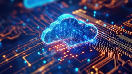 Poster - Digital Cloud Icon on Circuit Board with Glowing Elements