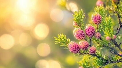 Wall Mural - Pink larch cones sunrise forest spring nature