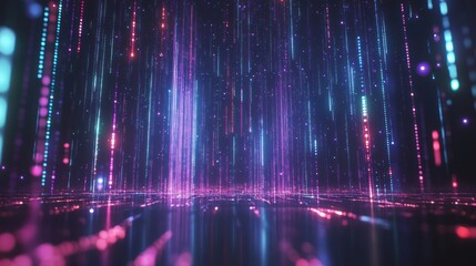 Poster - Neon digital rain falling on dark reflective floor, abstract background for tech design