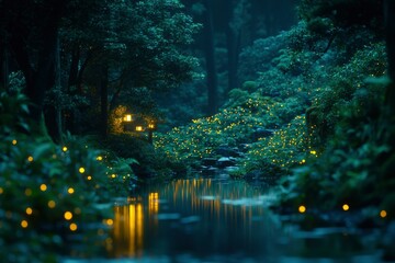 Wall Mural - Enchanting Night Scene With Fireflies And Lanterns