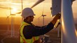 © Topuria Design - Wind turbine technician wearing safety harness climbing tall wind turbine, performing mechanical maintenance during golden sunset light with renewable energy infrastructure background