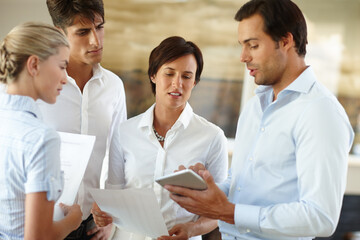 Aufkleber - Group, planning and business people in office with tablet, paperwork or advice on budget schedule. Men, women and meeting with team collaboration for growth, development or online sales data in lobby