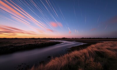Wall Mural - star trails over serene river landscape at sunset