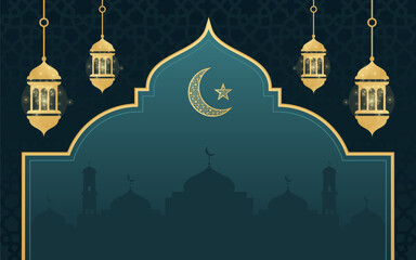 Wall Mural - Elegant Islamic Ramadan Background Vector with Siluet Mosque, Crescent Moon and Lanterns