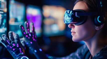 Female software engineer interacting with virtual reality application while wearing a VR headset and haptic gloves at a workstation with multiple monitors in a dimly lit control room