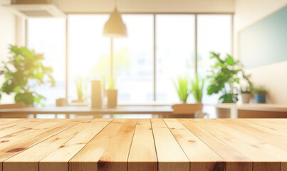 Aufkleber - Natural wooden table in a cozy office with soft sunlight filtering through windows and lush greenery in the background. Ideal for eco-friendly designs or workspace visuals
