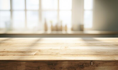 Aufkleber - Rustic wooden table with soft light streaming through large windows in a cozy, blurred background. Perfect for product presentations or warm workspace visuals