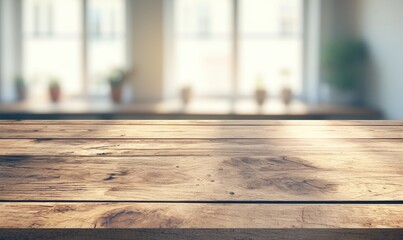 Aufkleber - A rustic wooden table top illuminated by warm sunlight, set against a softly blurred background of a cozy office space. Ideal for product displays or creative workspace visuals