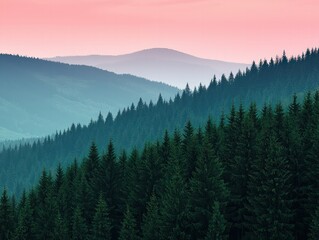Naklejka na meble Serene Forested Mountains with Layers of Green and Vibrant Pink Sky at Dusk