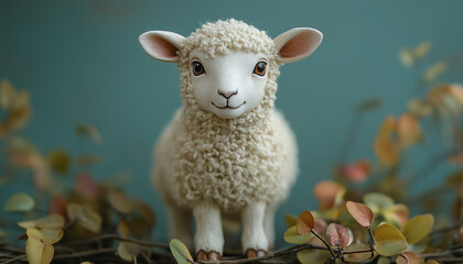 A baby lamb standing in a field of blooming yellow leaves