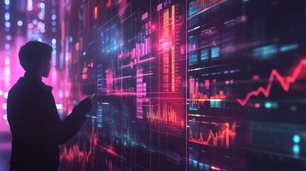 Poster - Silhouette of a person analyzing data on a futuristic screen.