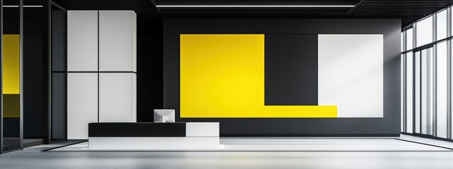 Poster - modern minimalist office interior with colorful walls and sleek furniture in bright open space