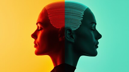 Poster - Dual Concepts of Humanity and Technology in Profile Silhouettes with Split Color Background