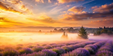 Wall Mural - Soft lavender misty cloud enveloping a serene landscape at dusk with warm golden light filtering through the atmosphere, misty, purple cloud