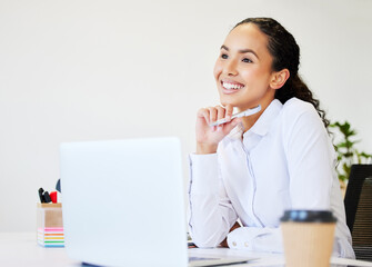 Aufkleber - Thinking, idea and business woman with laptop for solution, planning and problem solving. Corporate office, professional and person with computer for company opportunity, career and online project