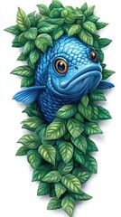 Wall Mural - Vibrant Blue Fish Surrounded by Lush Green Leaves in Nature's Embrace