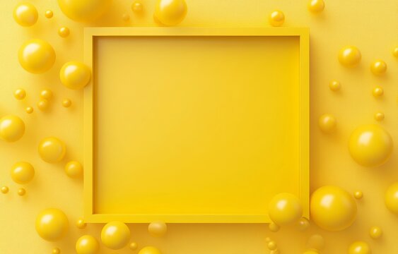 Yellow spheres surrounding a blank yellow square frame on yellow background.