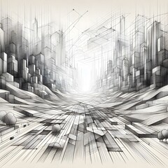 Wall Mural - A digital landscape of shifting geometric forms that begins as a pencil sketch and gradually transitions into digital rendering
