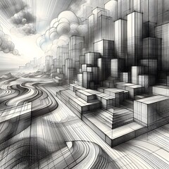 Wall Mural - A digital landscape of shifting geometric forms that begins as a pencil sketch and gradually transitions into digital rendering