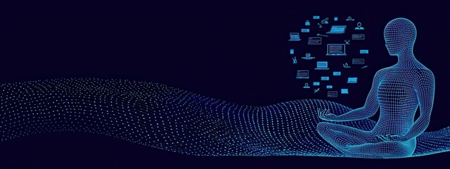 Poster - Digital Human Model in Meditative Pose with Flowing Data Stream and Icon Symbols Representing Technology Integration