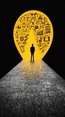 Poster - Silhouette of Person Standing at Doorway of Ideas and Innovation with Creative Illustrations on Yellow Background