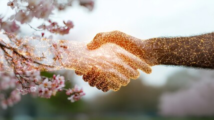 Poster - Hands Shaking with Floral Background Representing Connection, Technology, and Nature in Harmony