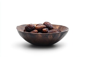 Wall Mural - Dried dates in a rustic wooden bowl on white background.