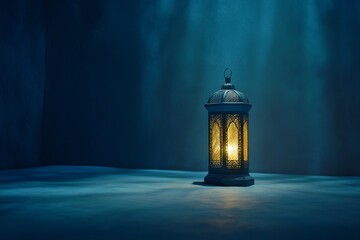 Poster - Illuminated lantern on a dark surface, mystical blue light.