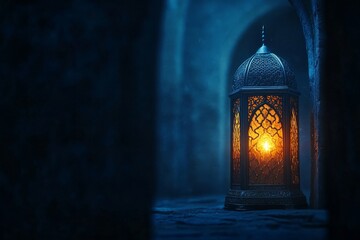 Poster - Illuminated lantern in a dark, arched hallway.